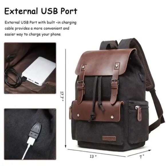 New Vintage Denim Canvas x Leather Backpack Black - Picture 3 of 6